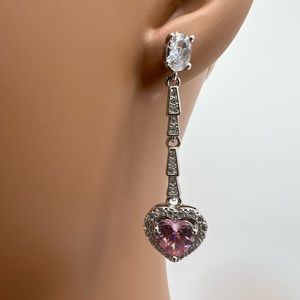 Pink Heart Zircon CZ Silver Dangle Earrings